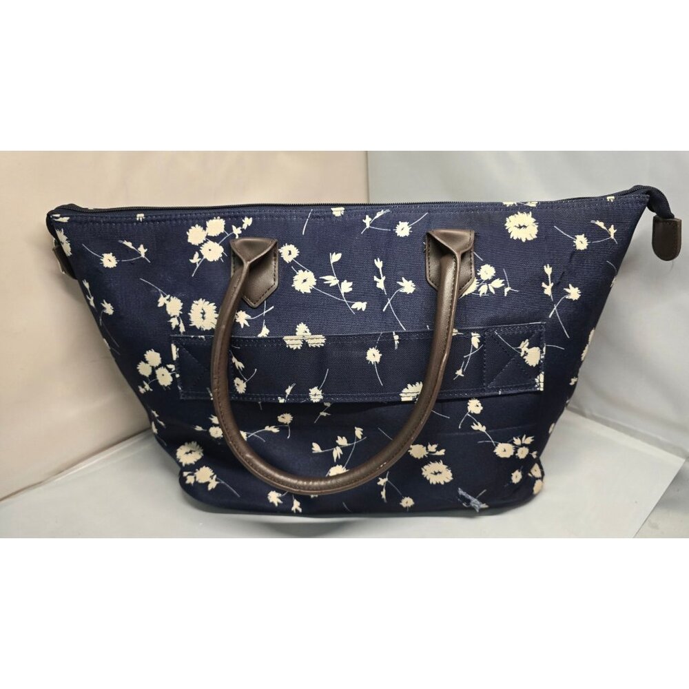 Chaps Navy Blue Floral Tote Bag With Brown Handles & Zipper Closure - Picture 3 of 16